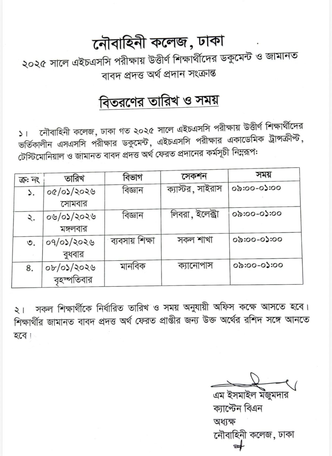 ২০২৫ সালের এইচএসসি পরীক্ষায় উত্তীর্ণ শিক্ষার্থীদের ডকুমেন্ট ও জামানত
